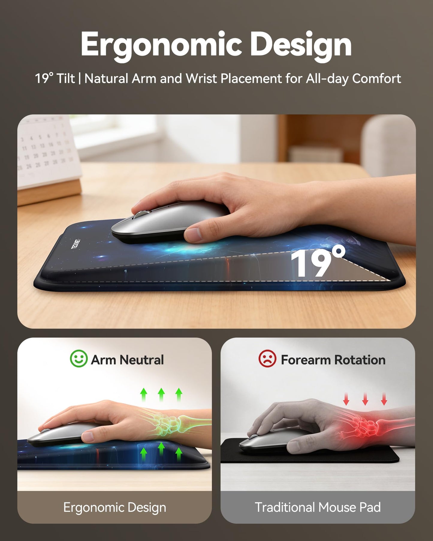 TECKNET Ergonomic Mouse Pad with Wrist Rest, All-Day Comfort & Pain Reliefv
