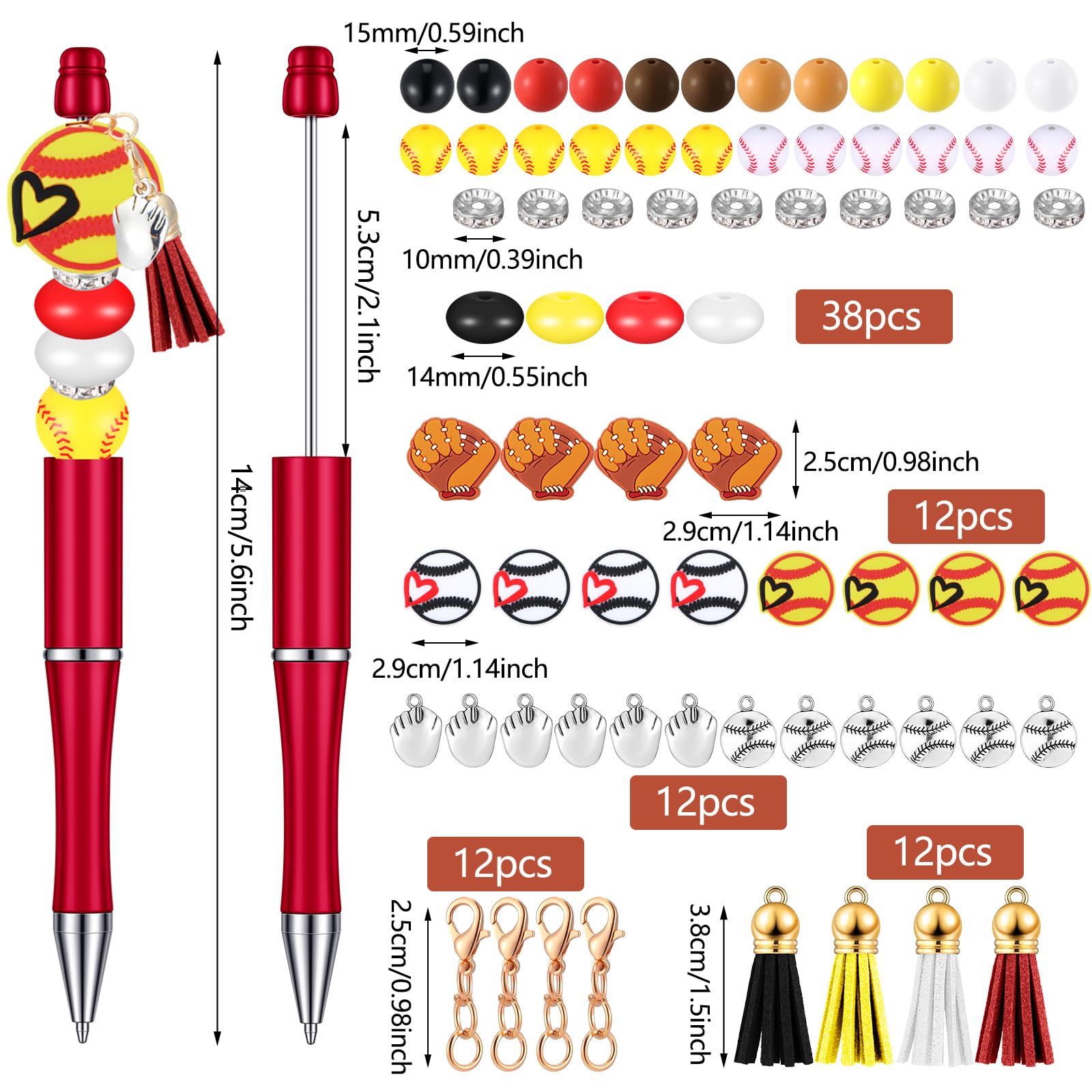 Jutom 12 Pcs Sports Beadable Pens Plastic Baseball Bead Pens Included 50 Pcs Colorful Beads 12