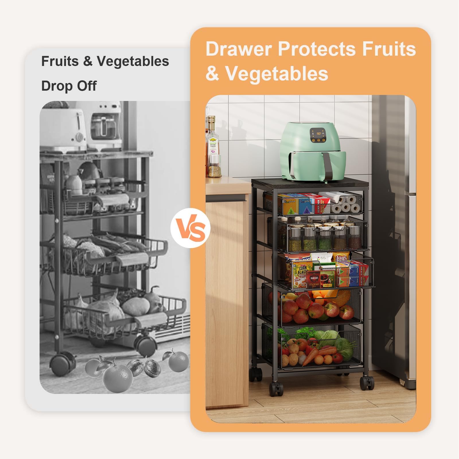 Kitchen Storage Cart with Drawer, 5-Tier Fruit Vegetable Storage Cart, Kitchen Organizer and