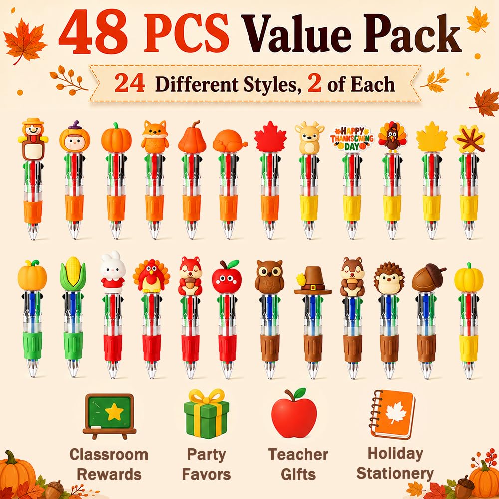 48PCS Thanksgiving Fun Pens Cute Autumn 4-in-1 Multicolor Gift Pens Bulk