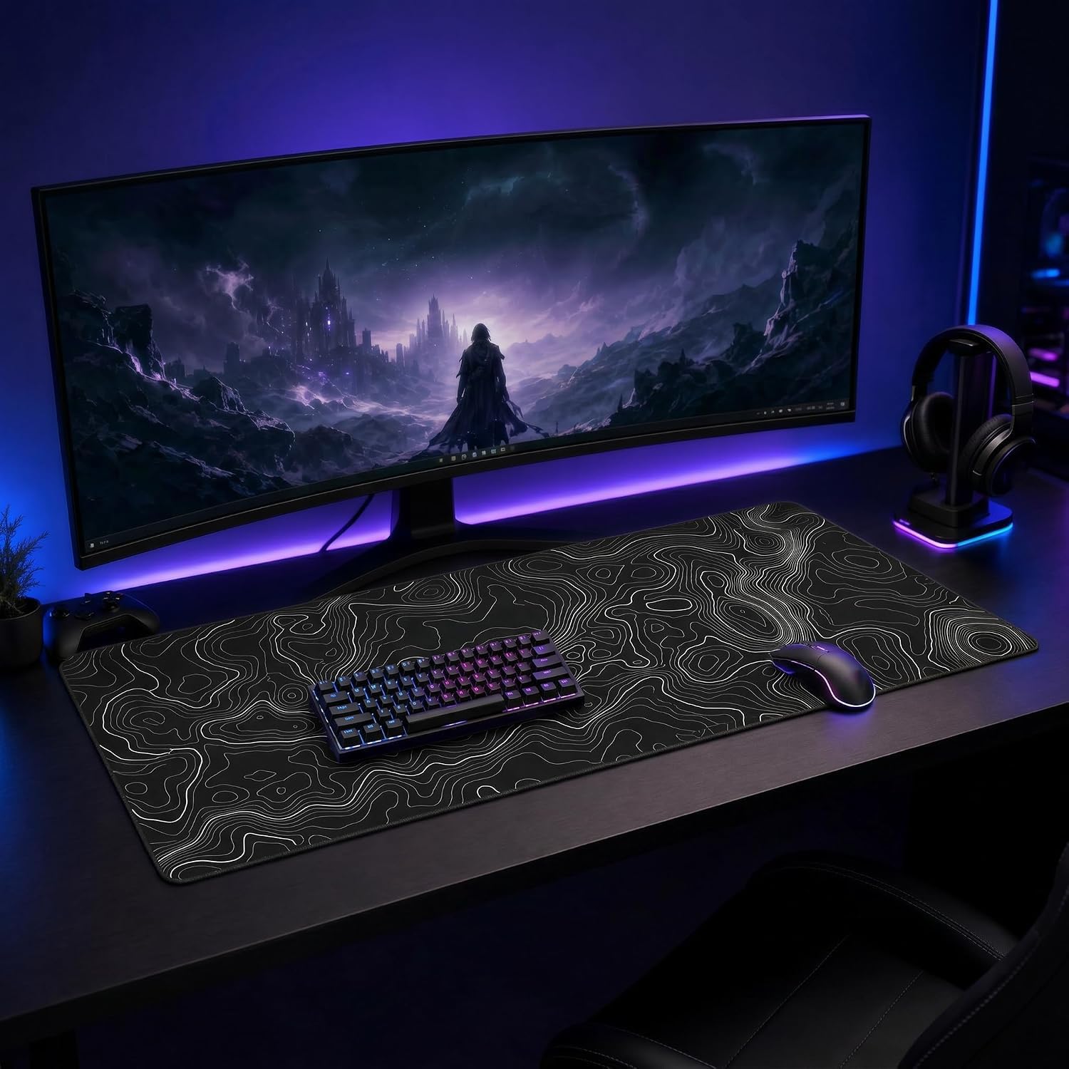 Topographic Gaming Mouse Pad 31.5x11.8 Inch, Black White Desk Mat Extended