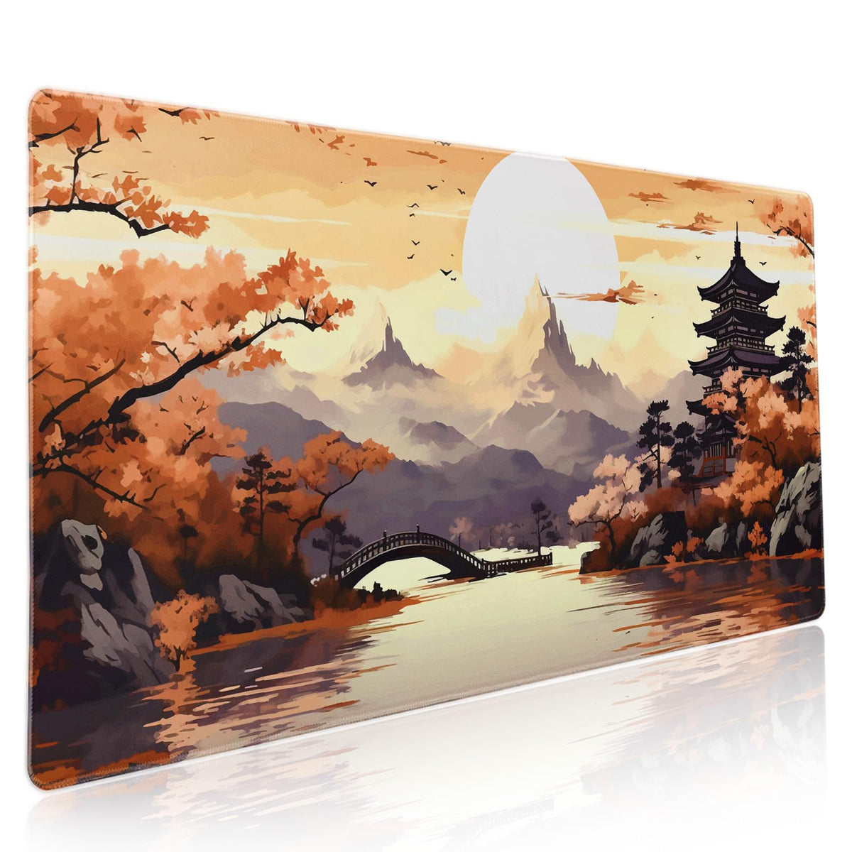 Orange Japanese Sakura Gaming Mouse Pad XXL Yellow Cherry Blossom Mountain Aesthetic Large Desk Mat