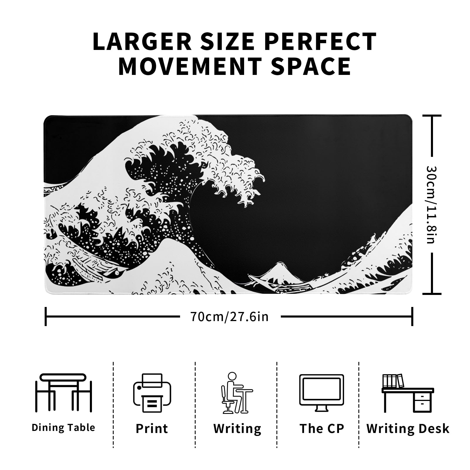 Japanese Sea Wave Large Mouse Pad, Abstract Black Gaming Mousepad, Extended Kanagawa Mat Desk Pad