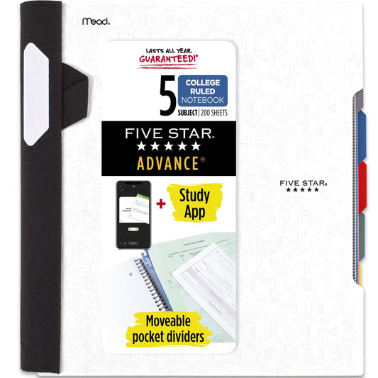 Five Star Advance Spiral Notebook + Study App, 5 Subject, College Ruled Paper, 8-1/2" x 11", 200