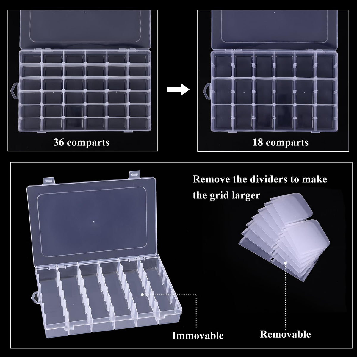 Bead Organizer Storage 8 Pack 36 Grid Jewelry Tackle Craft Box Adjustable