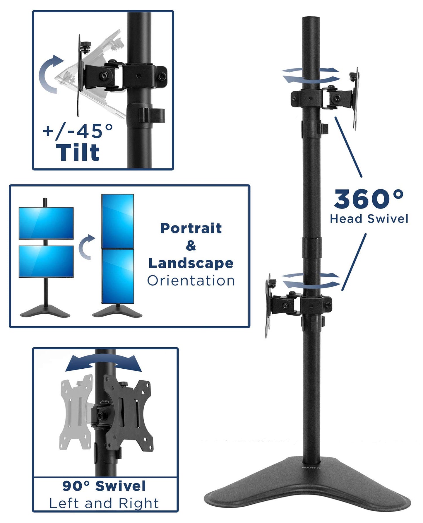 Mount-It! Vertical Dual Monitor Stand, Freestanding Stacked Monitor Mount for 2 Screens 17–32"