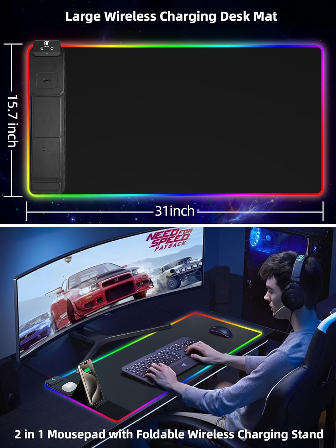 XXL Mouse Pad with Phone Holder - Black, RGB Desk Mat with 15W Fast Charging, LED Gaming Mousepad