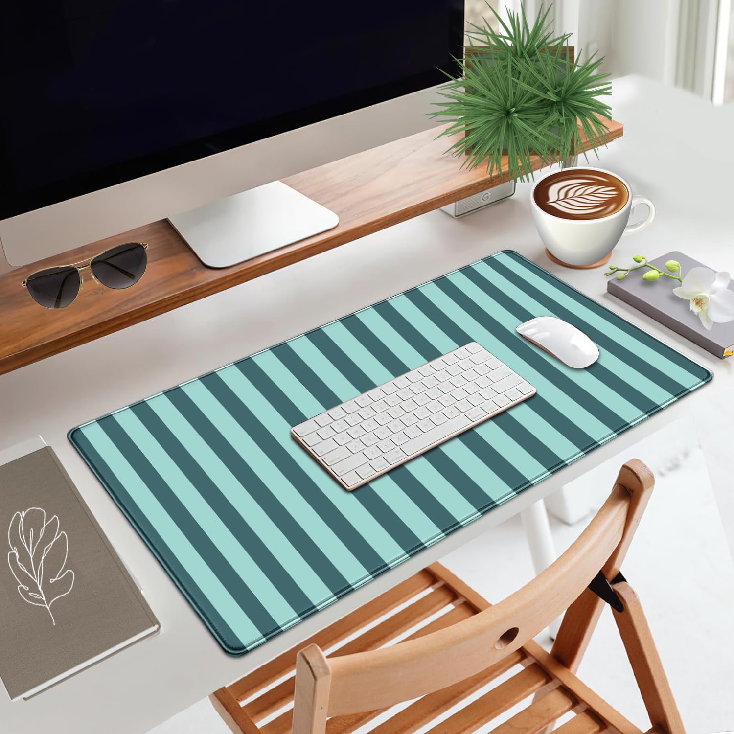 Teal Blue Striped Desk Mat Cute Pastel XXL Large Gaming Mouse Pad Desk Pad Kawaii Cozy Aesthetic