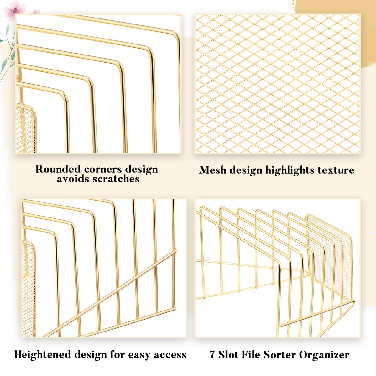 Chivertion 2 Pcs 2 Pcs Wire File Sorter Desk 7 Section Organizer, Golden