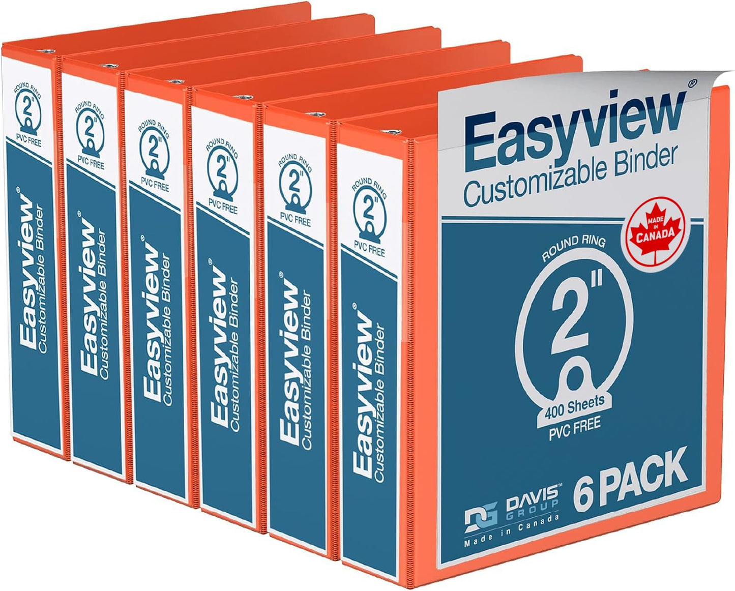 Easyview 3-Ring Binder, Clear-View Cover, 2" Round Rings, Orange, 6 Pk