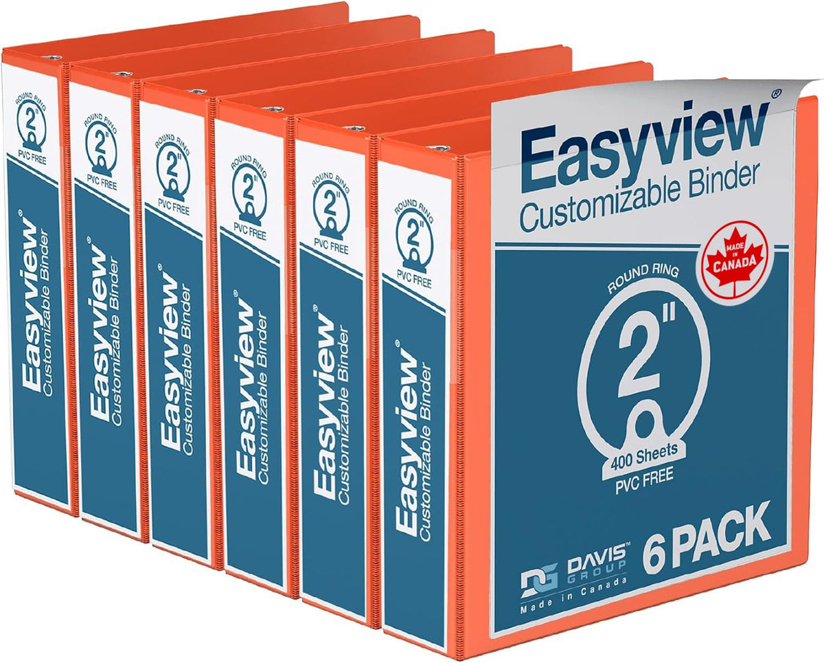 Easyview 3-Ring Binder, Clear-View Cover, 2" Round Rings, Orange, 6 Pk
