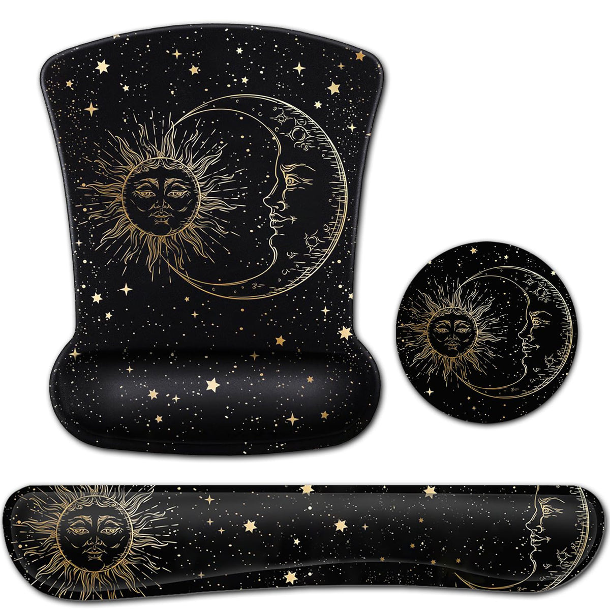 Black Mouse Pad with Stitched Edge, Non-Slip Rubber Base Mythic Celestial The Sun and Moon Twelve