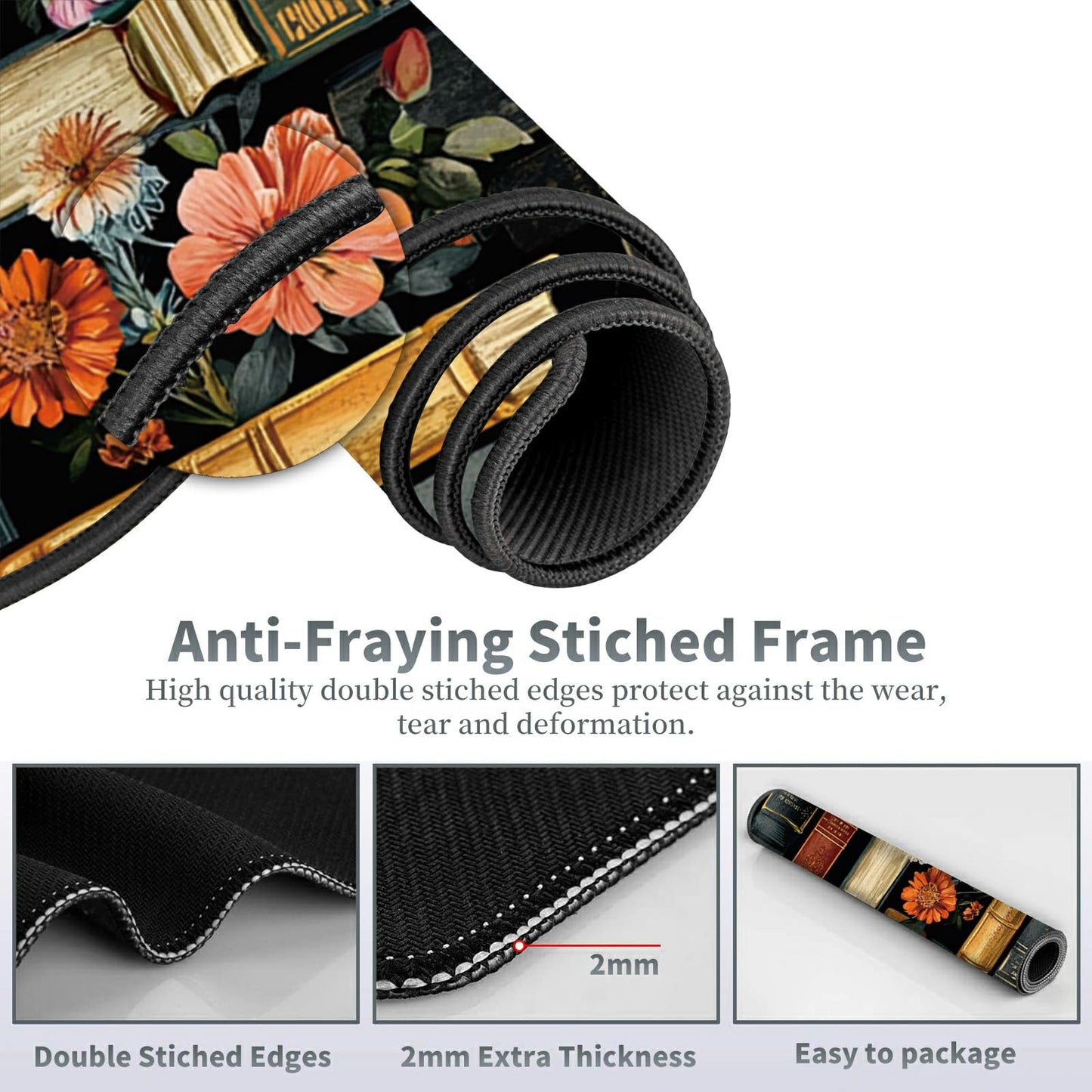 Large Gaming Mouse Pad Plus a Coasters + Cable Clips, Library Flowers Extended Mousepad (31.5 x