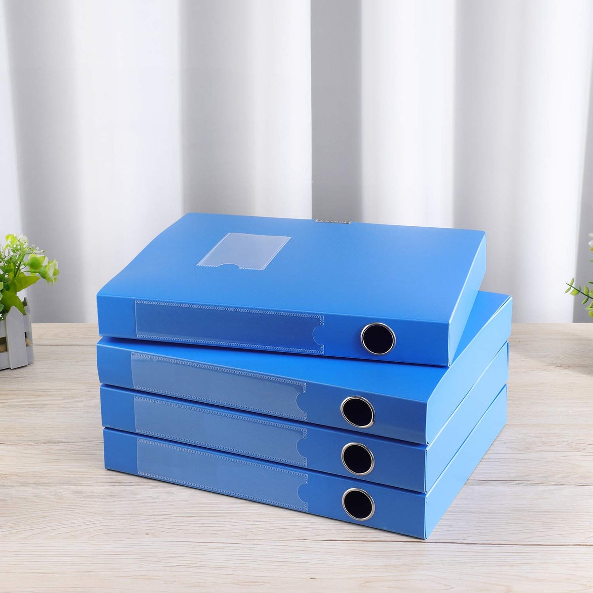 HUA JIE 4 Pack A4 Storage File Boxes Plastic Archives Cases with Lid,Blue
