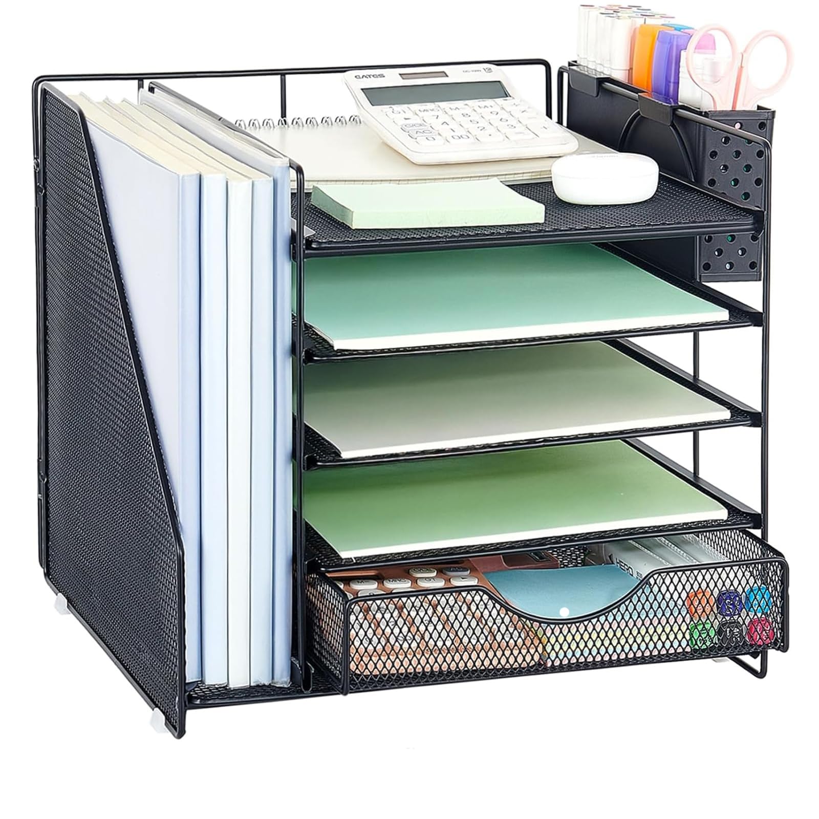 OUTIOE 5-Tier Desk Organizer with Drawer and Pen Holder, Black