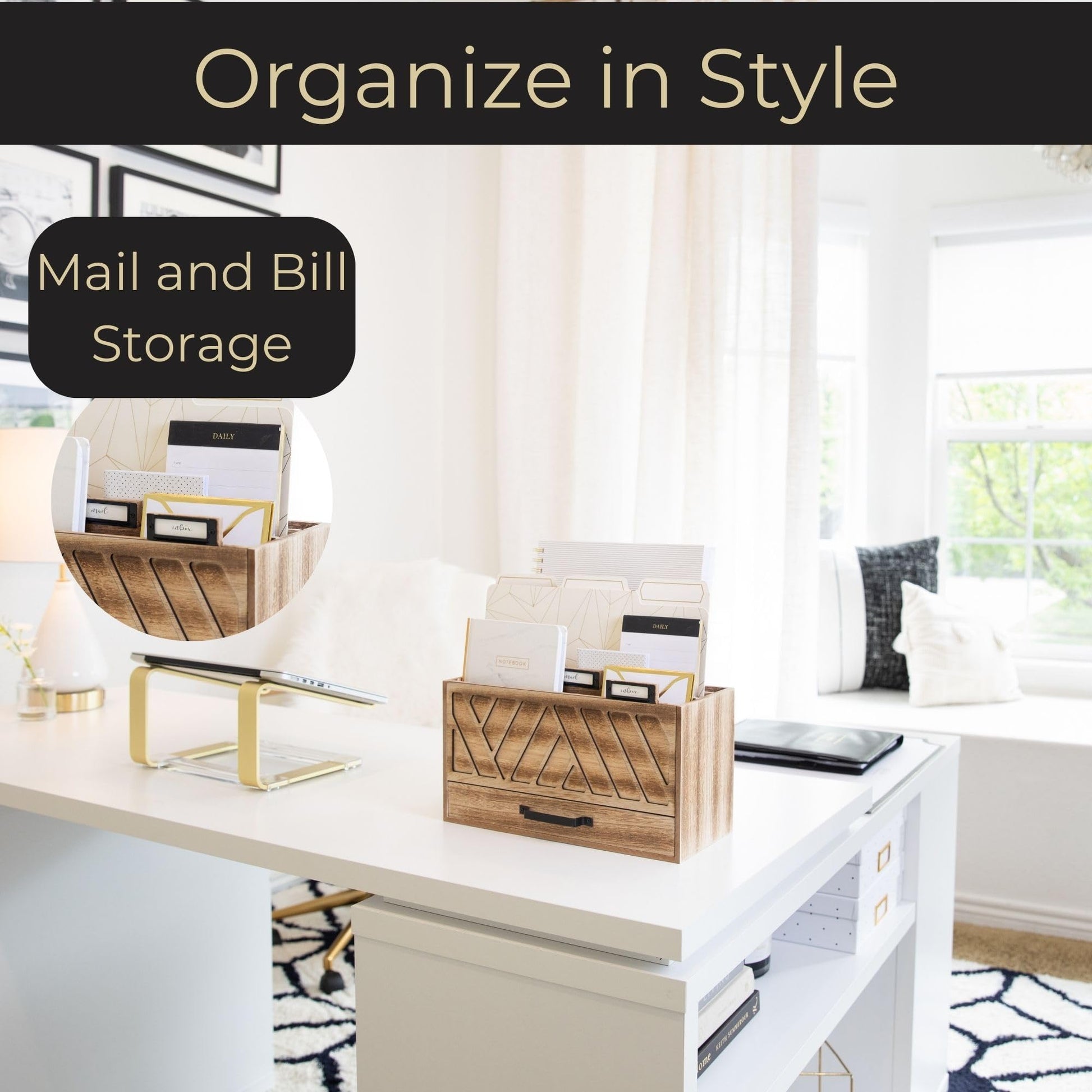 BLU MONACO | Natural Wood Desktop Mail Organizer with Drawer | Three-Tier Mail Sorter with Black
