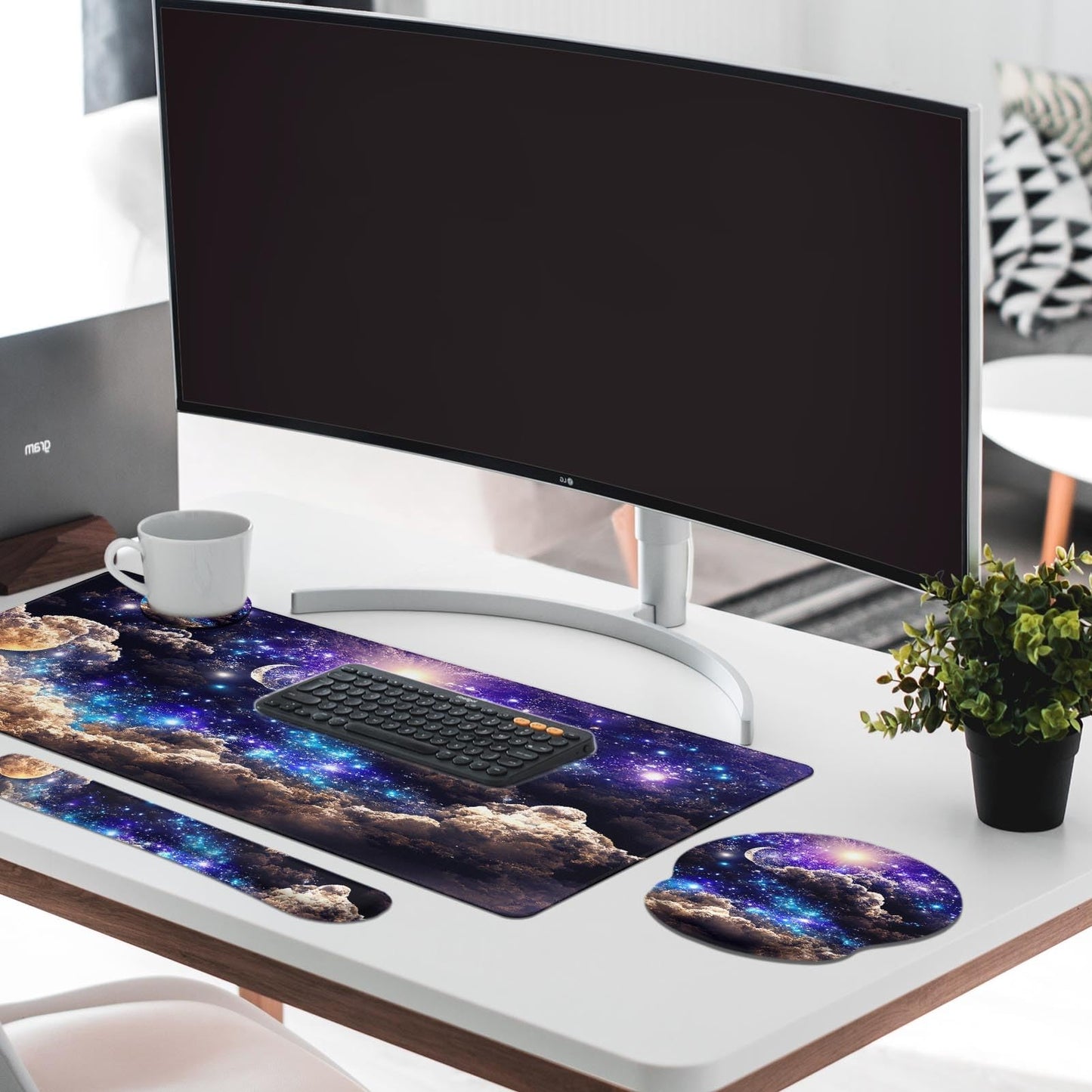 Britimes Keyboard Mouse Pad Set, 4 in 1 Desk Mat Set, Space Moon