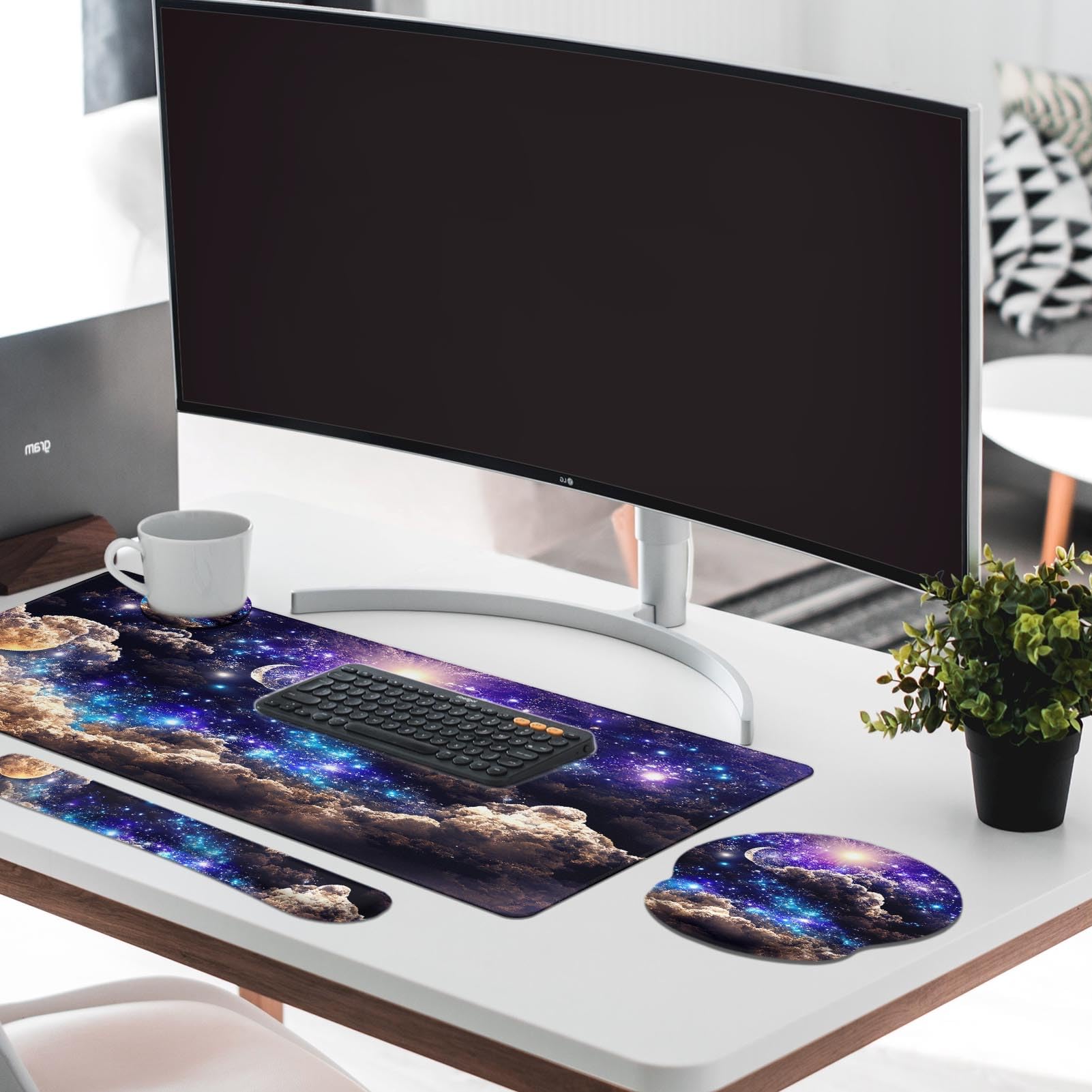 Britimes Keyboard Mouse Pad Set, 4 in 1 Desk Mat Set, Space Moon
