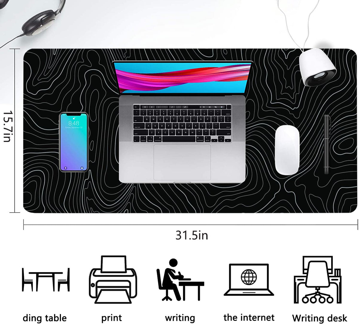 Desk Mat, Topographic Map Lines Pattern Large Desk Pad Extended Gaming Mouse Pad, 35.4 x 15.7inch