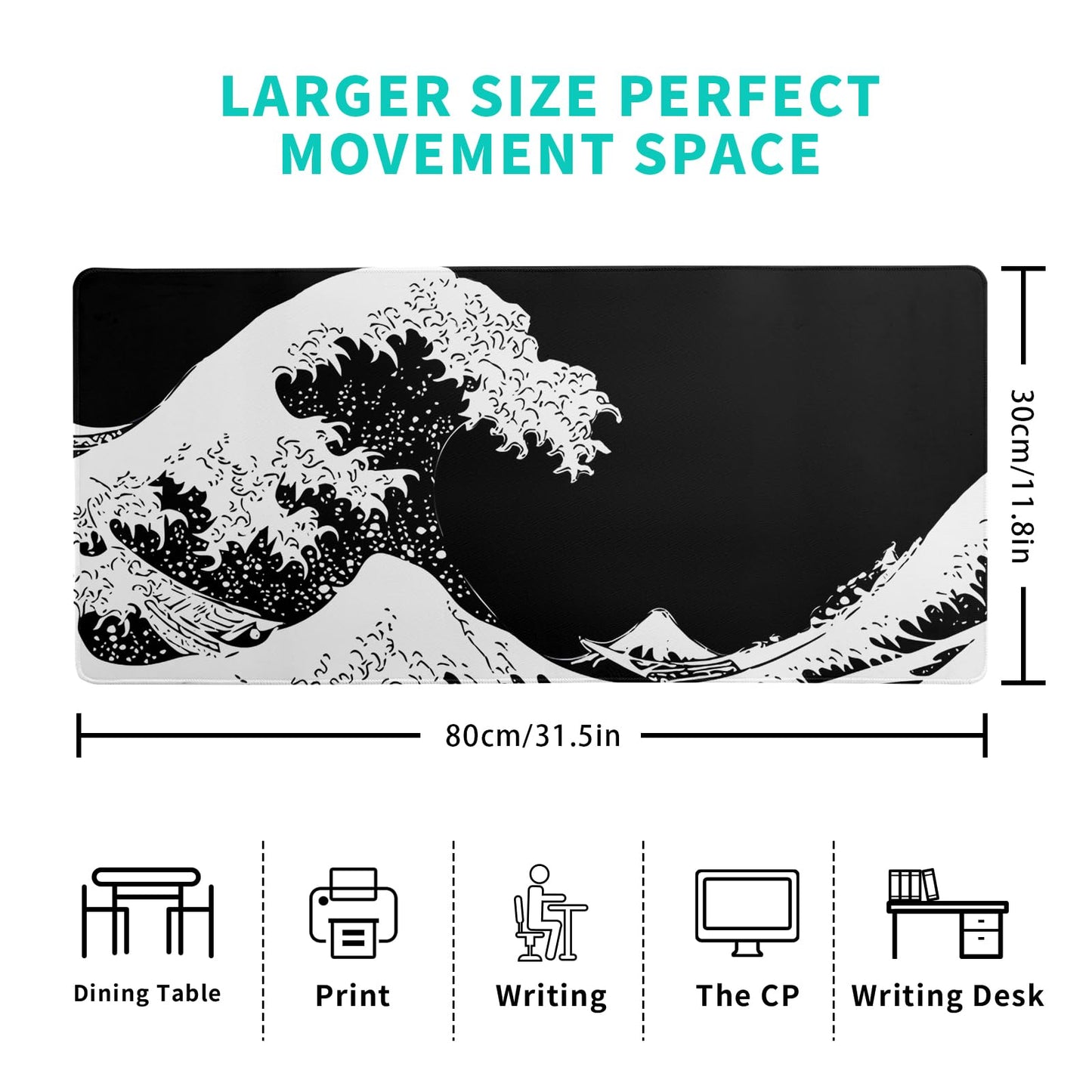 Japanese Sea Wave Large Mouse Pad, Abstract Black Gaming Mousepad, Extended Kanagawa Mat Desk Pad