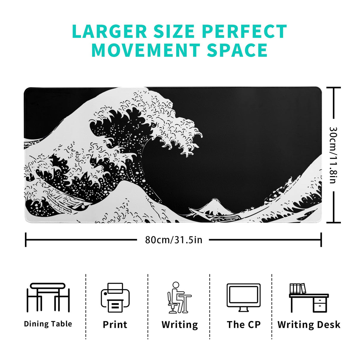 Japanese Sea Wave Large Mouse Pad, Abstract Black Gaming Mousepad, Extended Kanagawa Mat Desk Pad