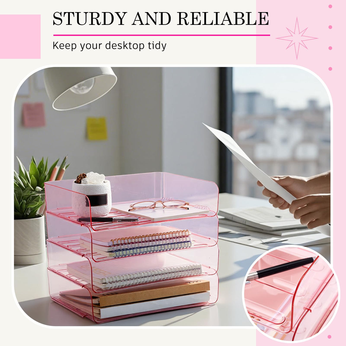 Harloon 4 Tier Paper Organizer Clear Pink Letter Tray Acrylic File Tray