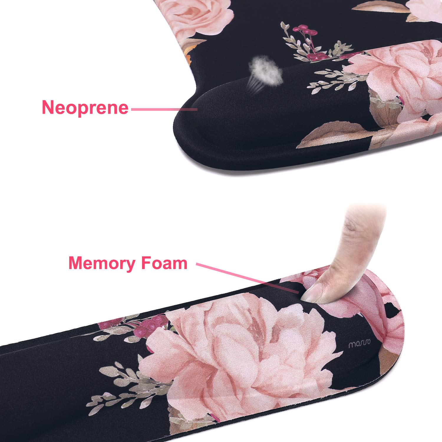 MOSISO Peony Wrist Rest Support for Mouse Pad & Keyboard Set, Black