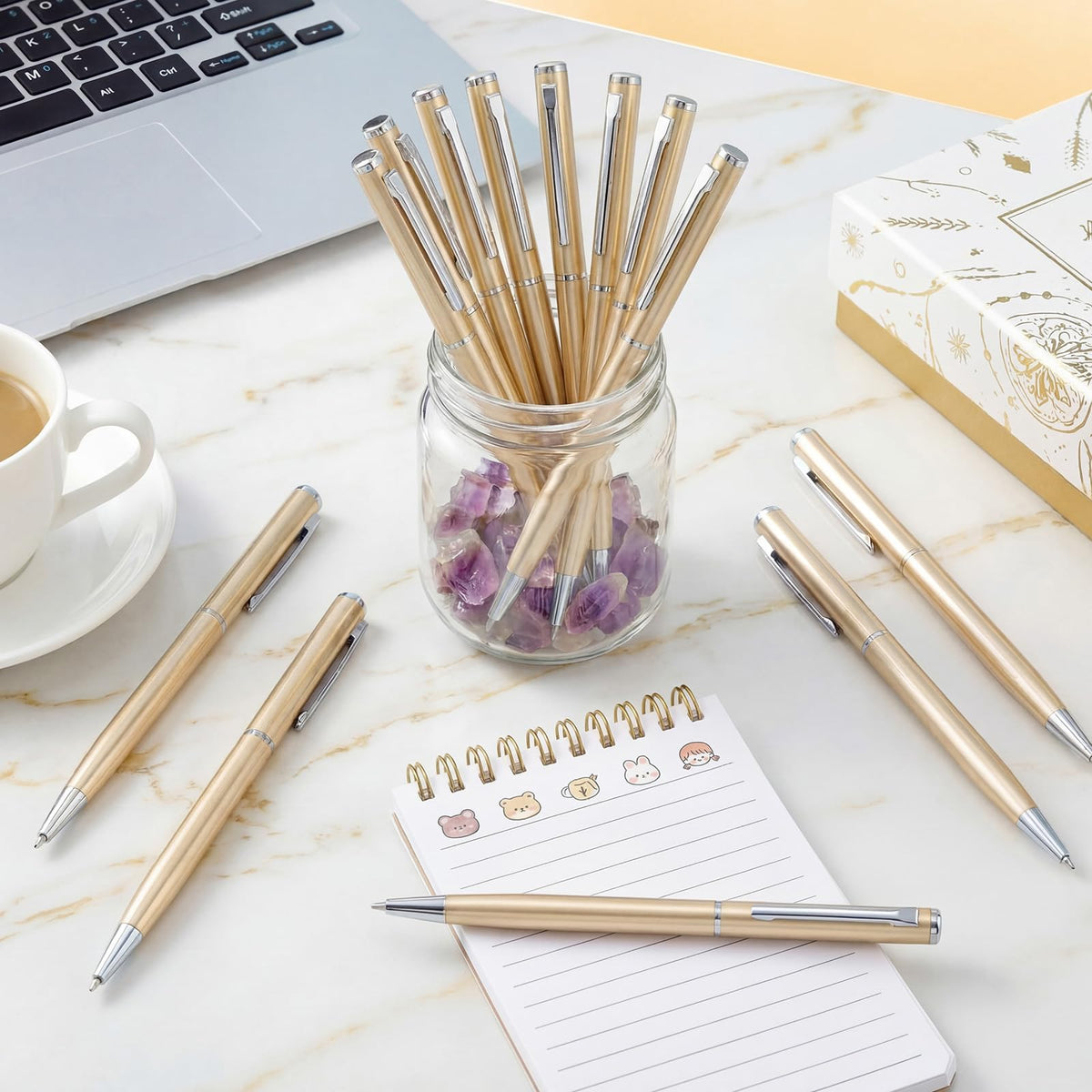 Zonon 50 Pcs Champagne Gold Metal Slim Ballpoint Pens Bulk, 1mm Black in