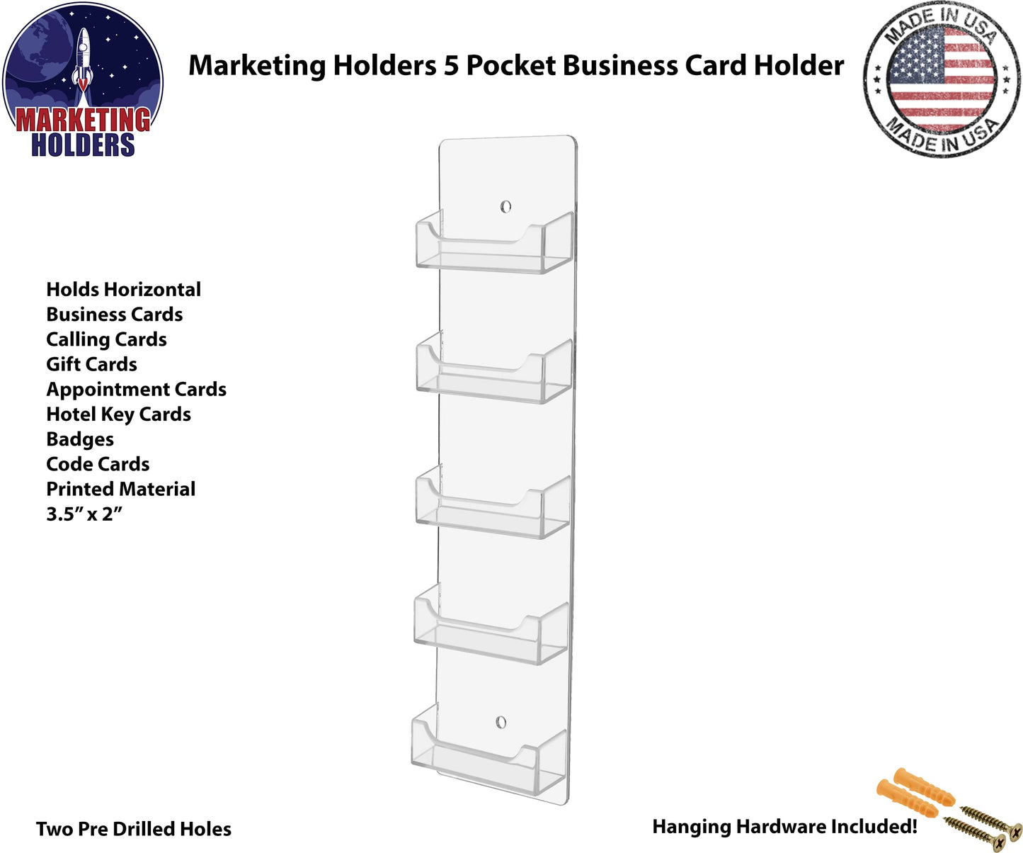 Marketing Holders 6 Pack Hanging Business Card Holder 5 Pocket Vertical Clear Acrylic Wall Mount