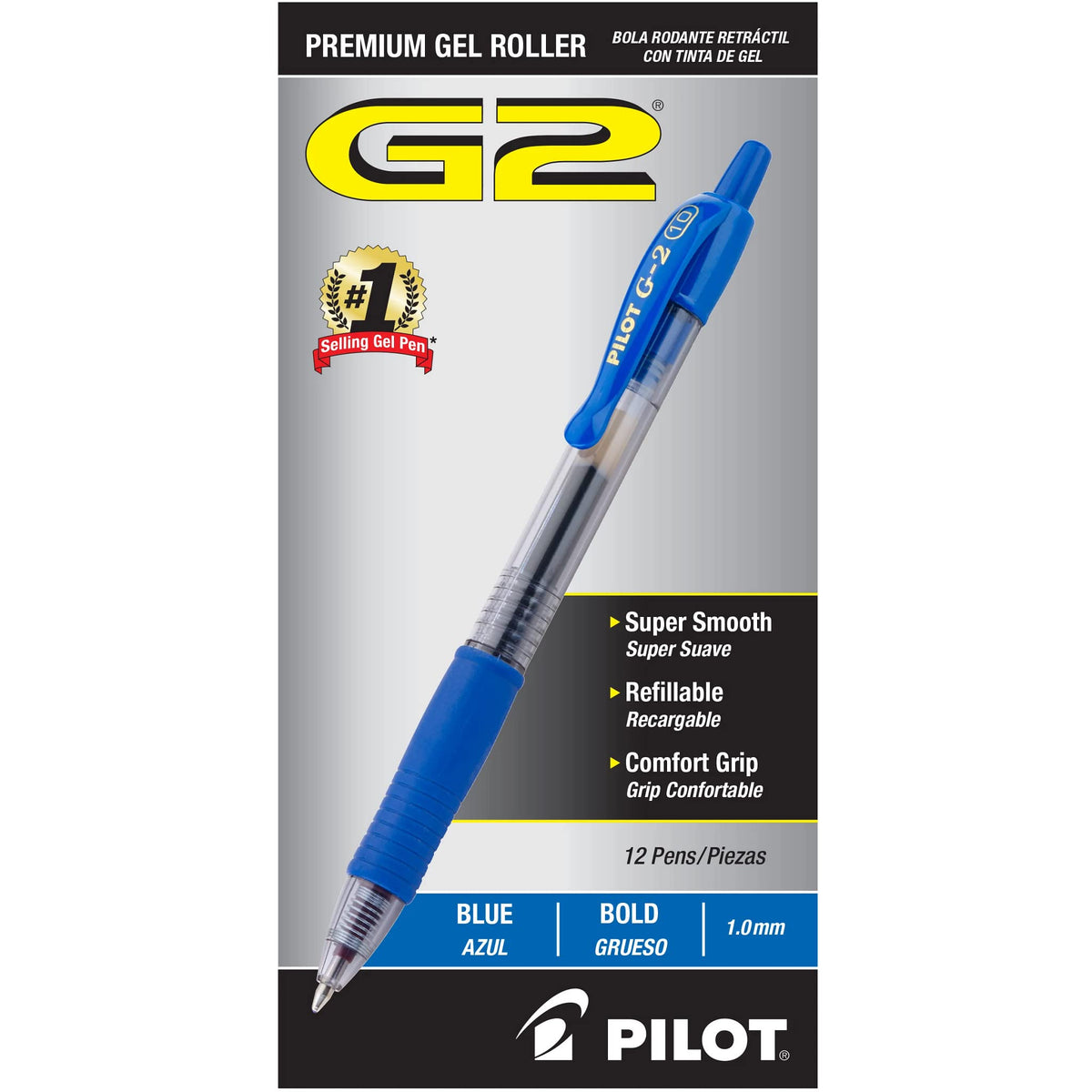 PILOT G2 Premium Gel Roller Pens, Blue Ink Pens Bold Point, Pack of 12