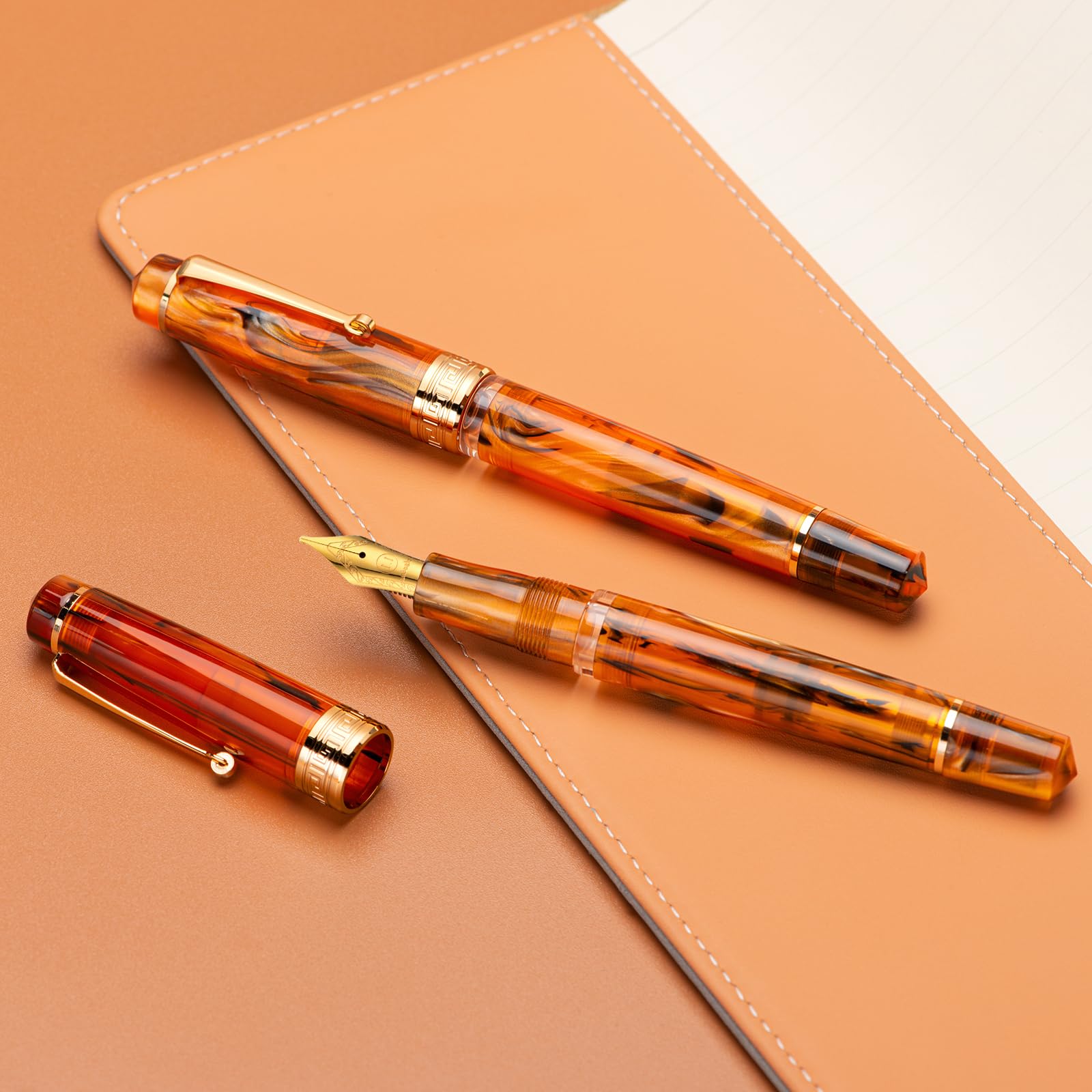 Asvine P20 Piston Fountain Pen, Stub Nib 1.1mm Calligraphy Art Drawing Amber Acrylic with Case Set