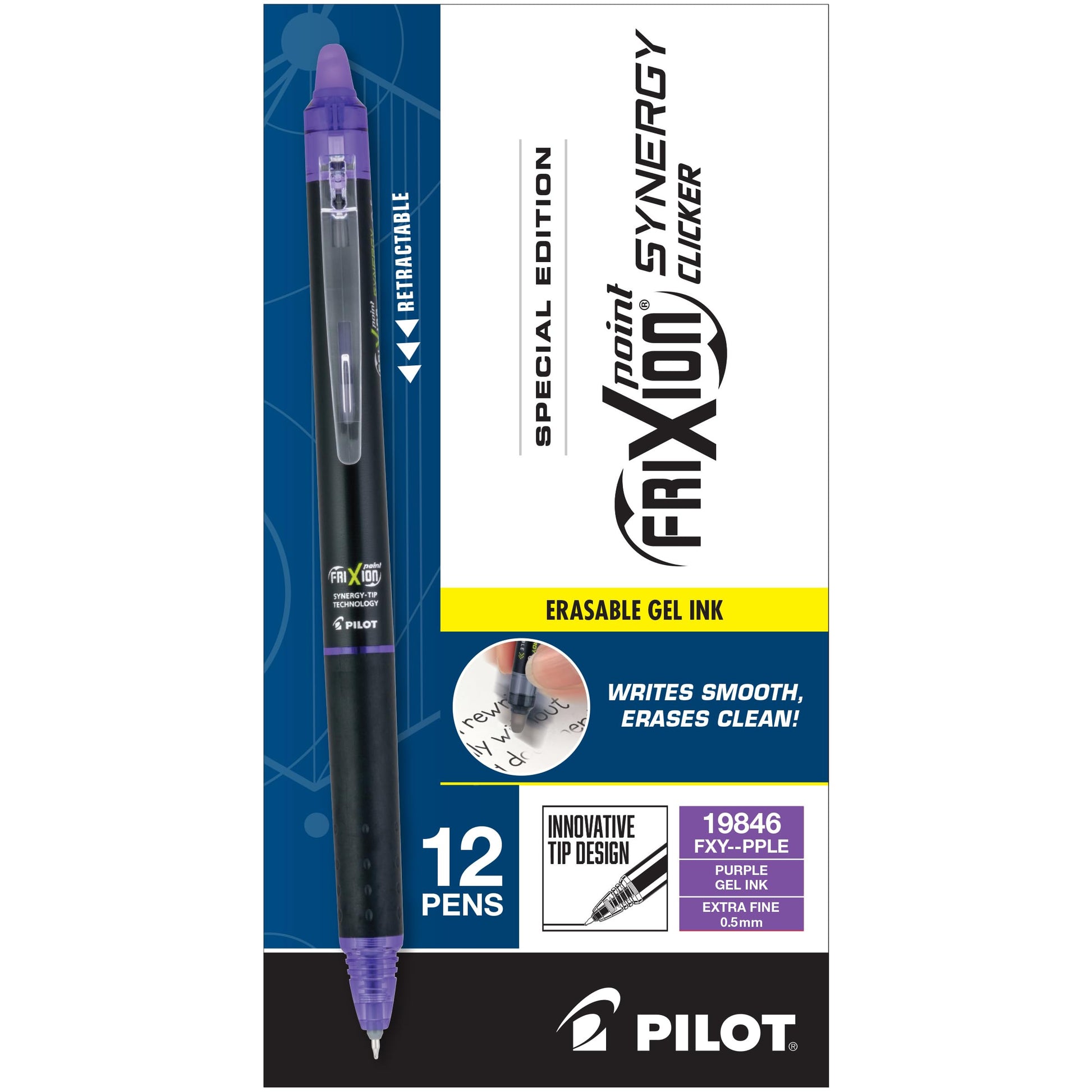 Pilot FriXion Synergy Clicker Erasable Gel Ink Pens, 0.5mm, Purple, 12-Pack