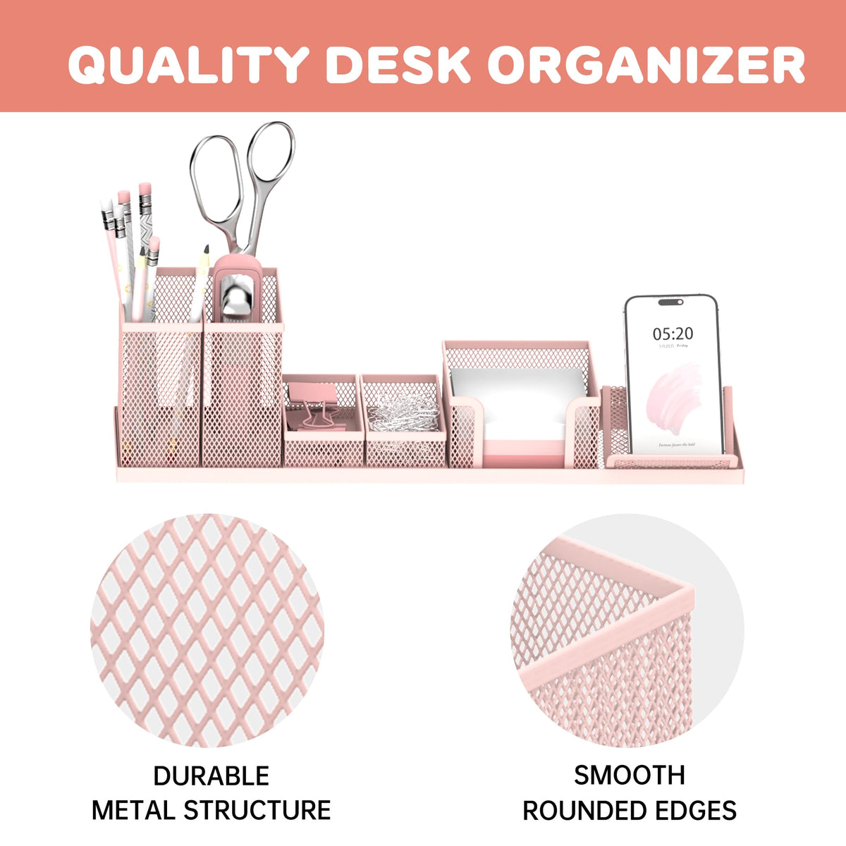 Pen Holder for Desk, 6-Piece Mesh Desk Organizer with Phone Holder, Pink