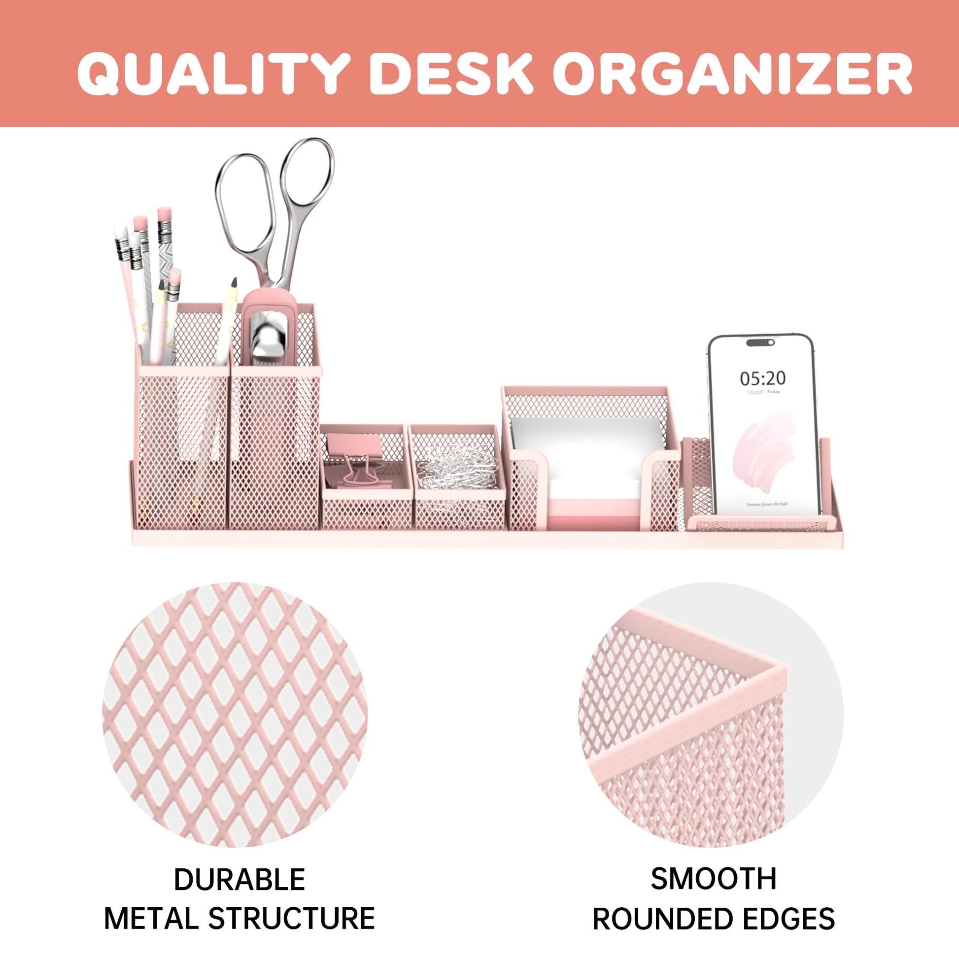Pen Holder for Desk, 6-Piece Mesh Desk Organizer with Phone Holder, Pink
