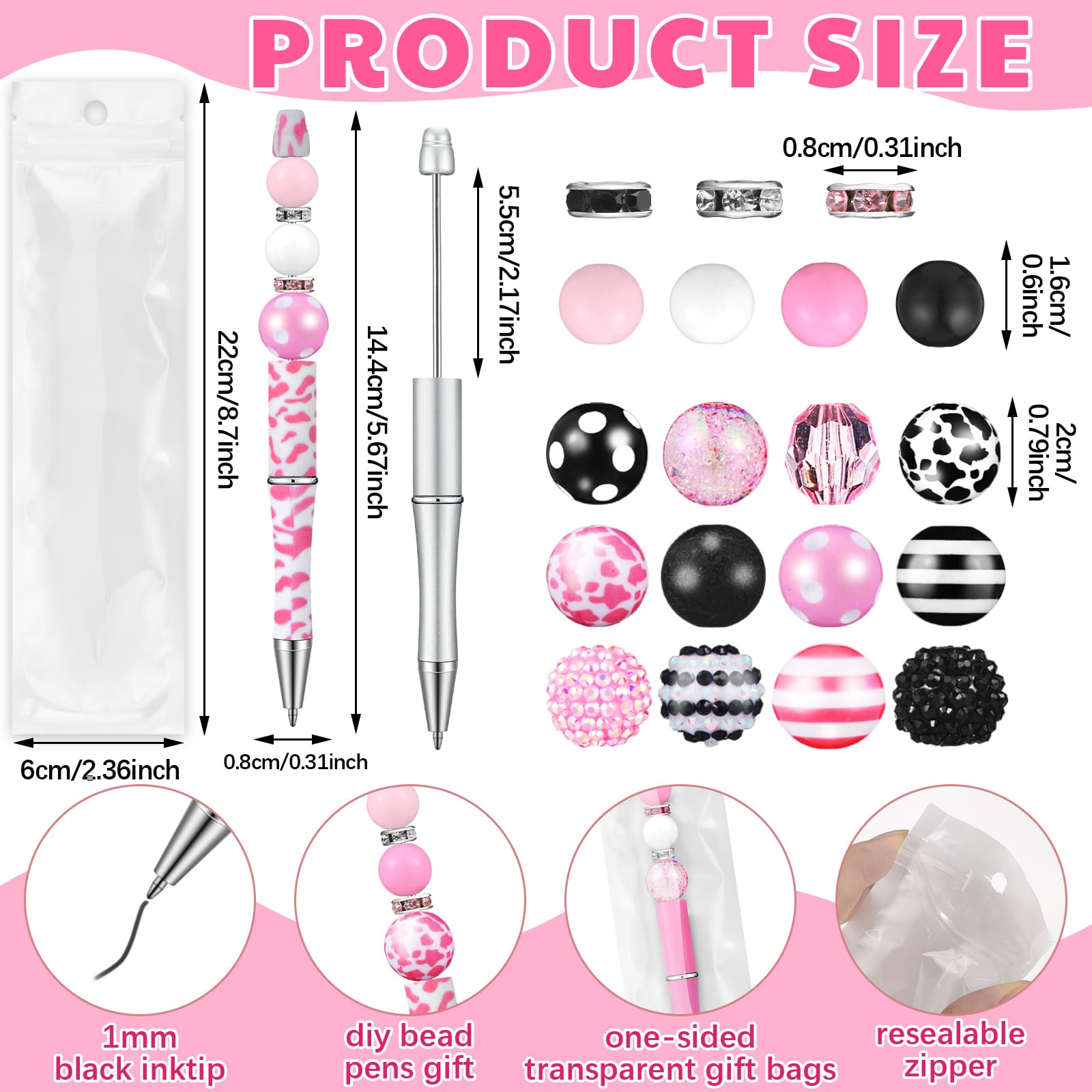 Cholemy 24 Sets Assorted Beads Plastic Beadable Pens, Delicate