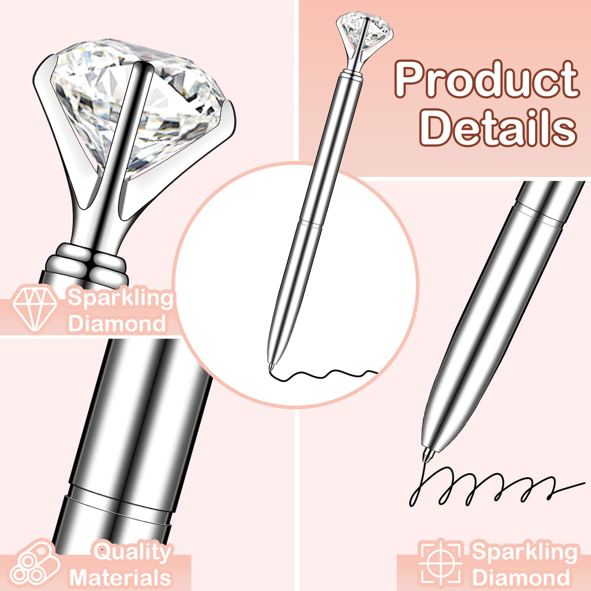 PASISIBICK 20 Silver Diamond Pens Cute Beautiful Ballpoint Pens for Women Wedding Coworkers Crystal
