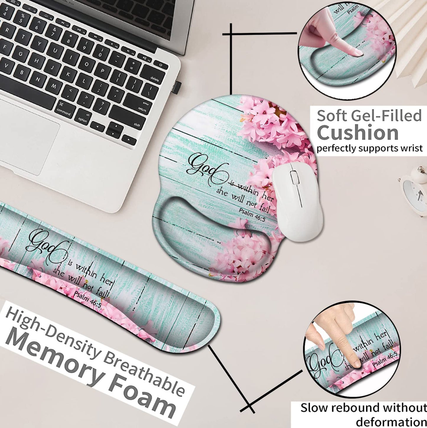 Mouse Pad with Wrist Support, Ergonomic Gel Mouse Pad Beautiful Flowers,Pink Hyacinths on Wood