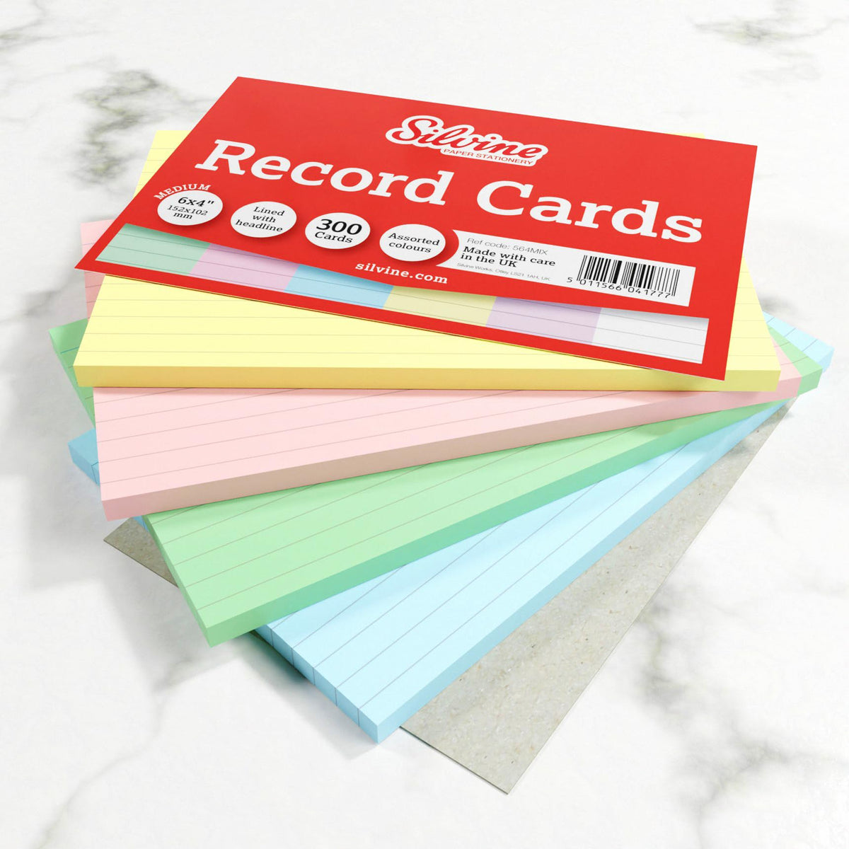 Silvine 6x4" Multi-Coloured Record Cards - Lined with Headline, 100 Cards per Pack. Ref 564AC (152
