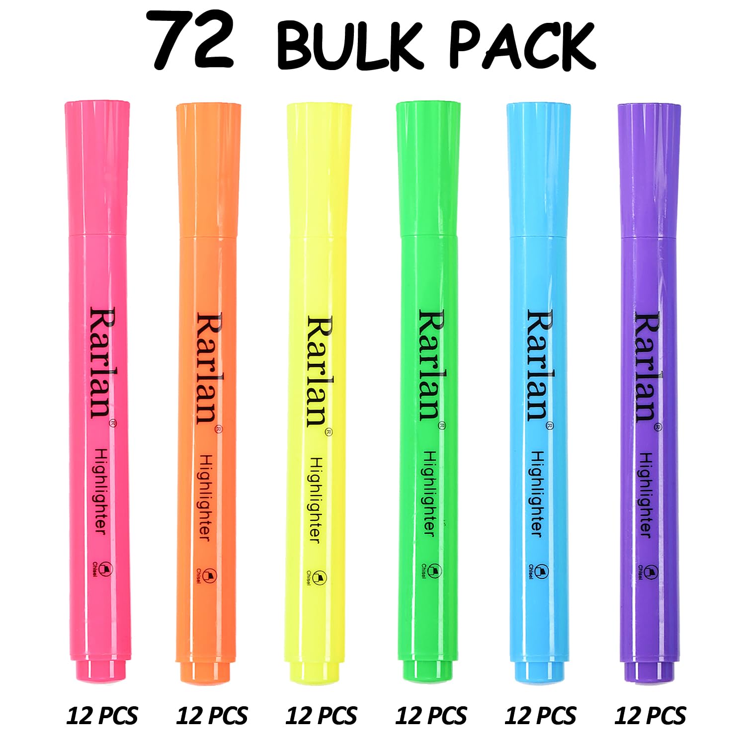 Rarlan Highlighters, Chisel Tip, Assorted Fluorescent, 72 Count Bulk Pack