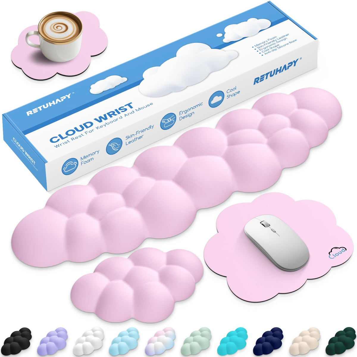 Retuhapy Cloud Wrist Rest Keyboard Cushion and Cloud Mouse Pad, Pink