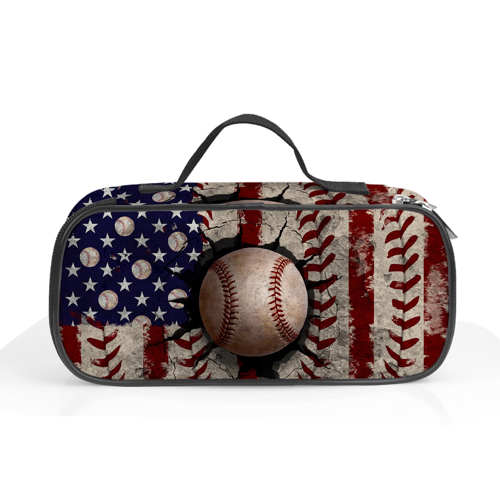 ROVOZAR Baseball Pencil Case, American Flag Baseball Pencil Box for Kids Pen Bag, Large Capacity