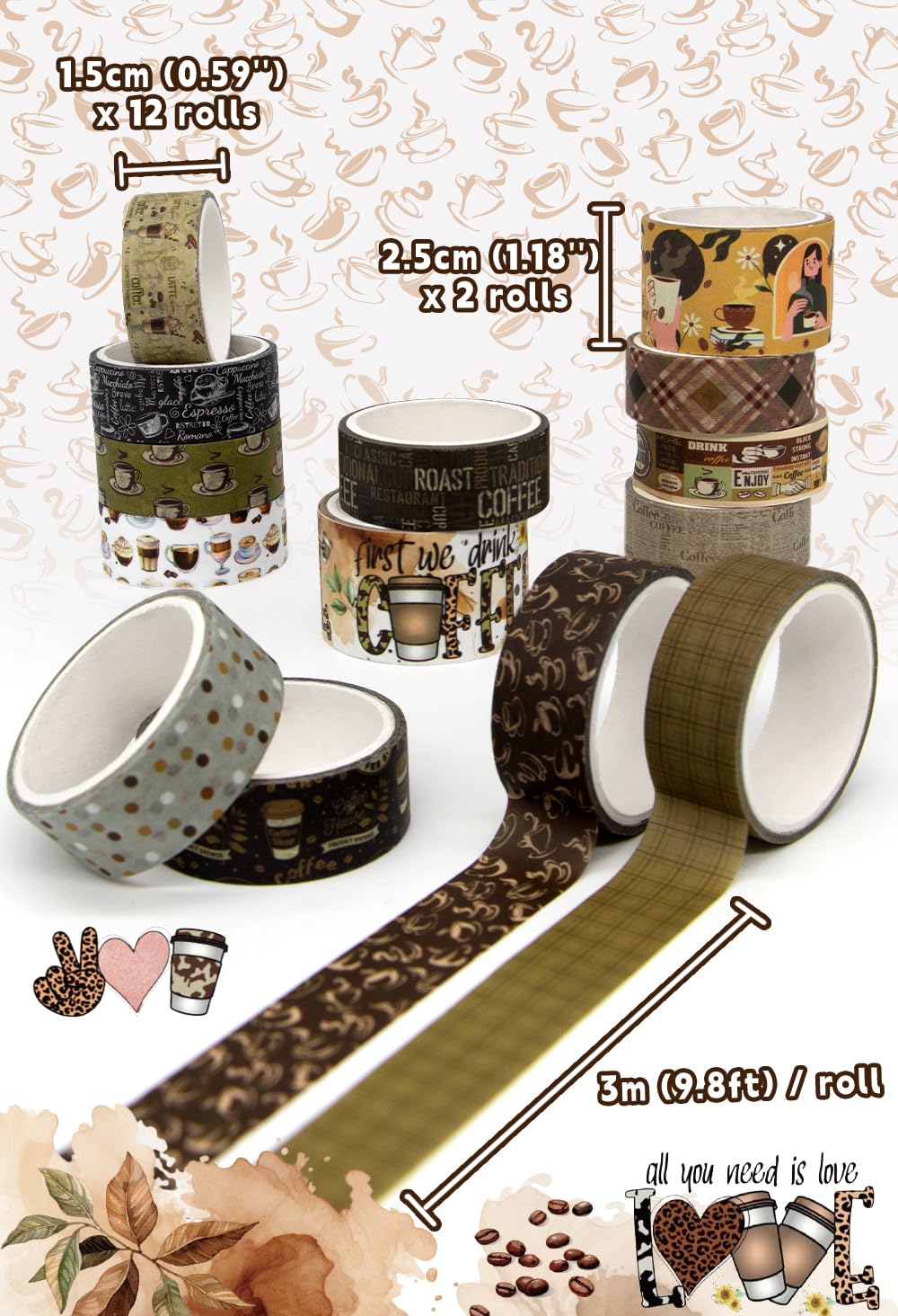 KOVANO Coffee Themed Washi Tape Set, 14 Rolls Vintage Crafts Tape, Art Decorative Tape for