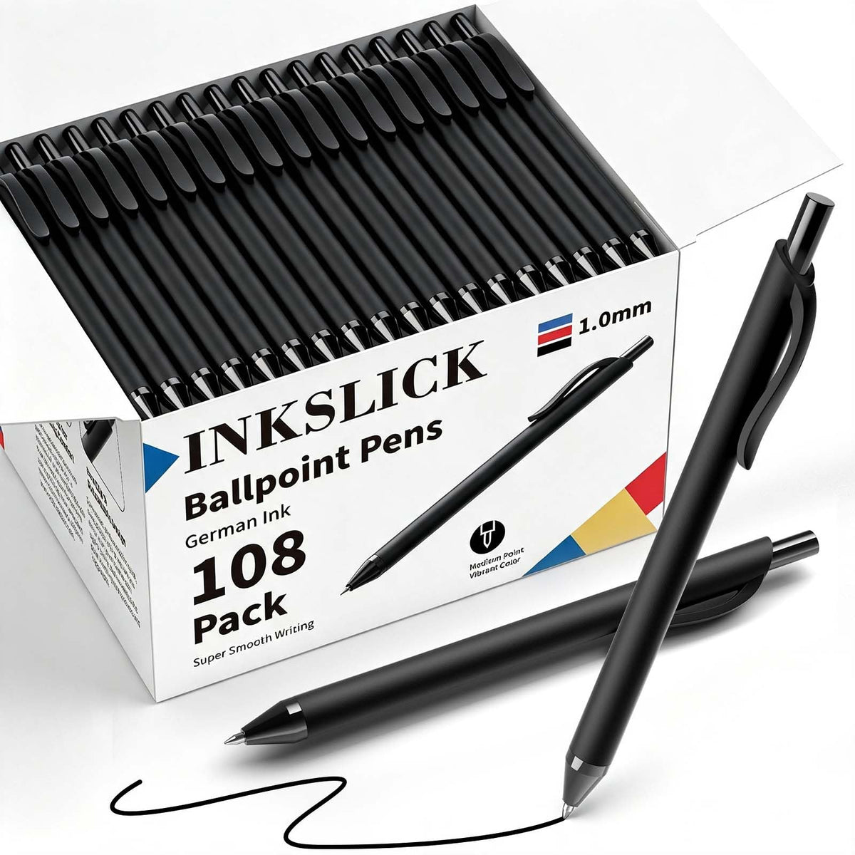 InkSlick 108 Pack Black Ink Pens Bulk Retractable Ballpoint Pens 1.0mm
