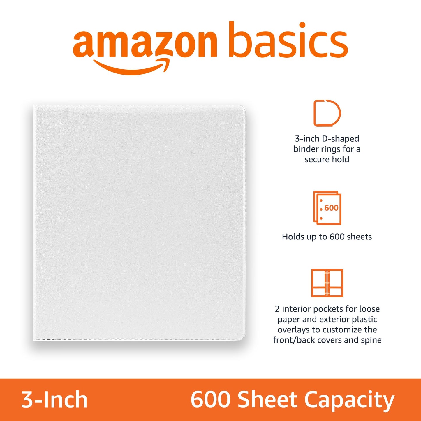Amazon Basics 3 Ring Binders, 3 Inch D-Ring Organizer for School, Home Office, Paper Storage