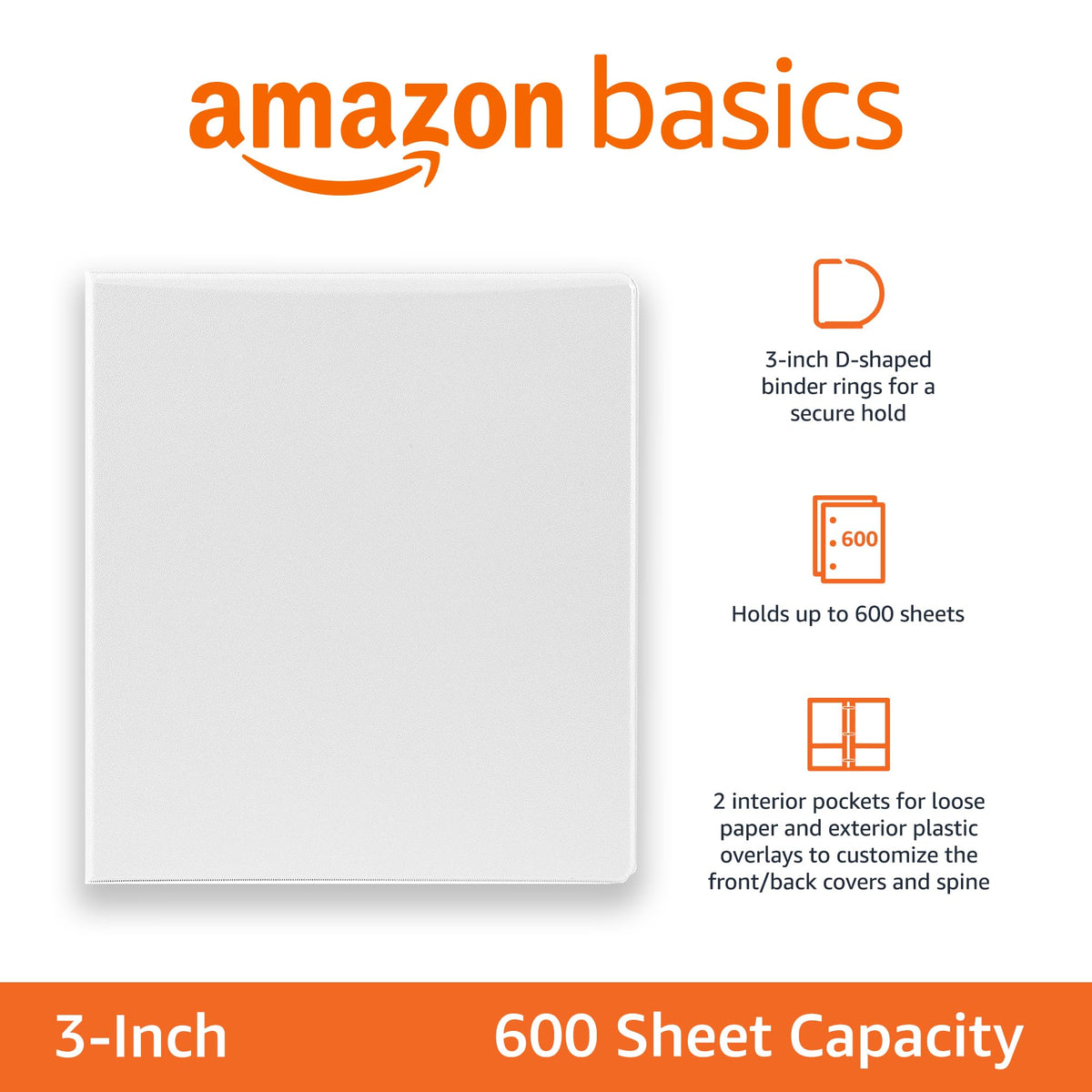 Amazon Basics 3 Ring Binders, 3 Inch D-Ring Organizer for School, Home Office, Paper Storage