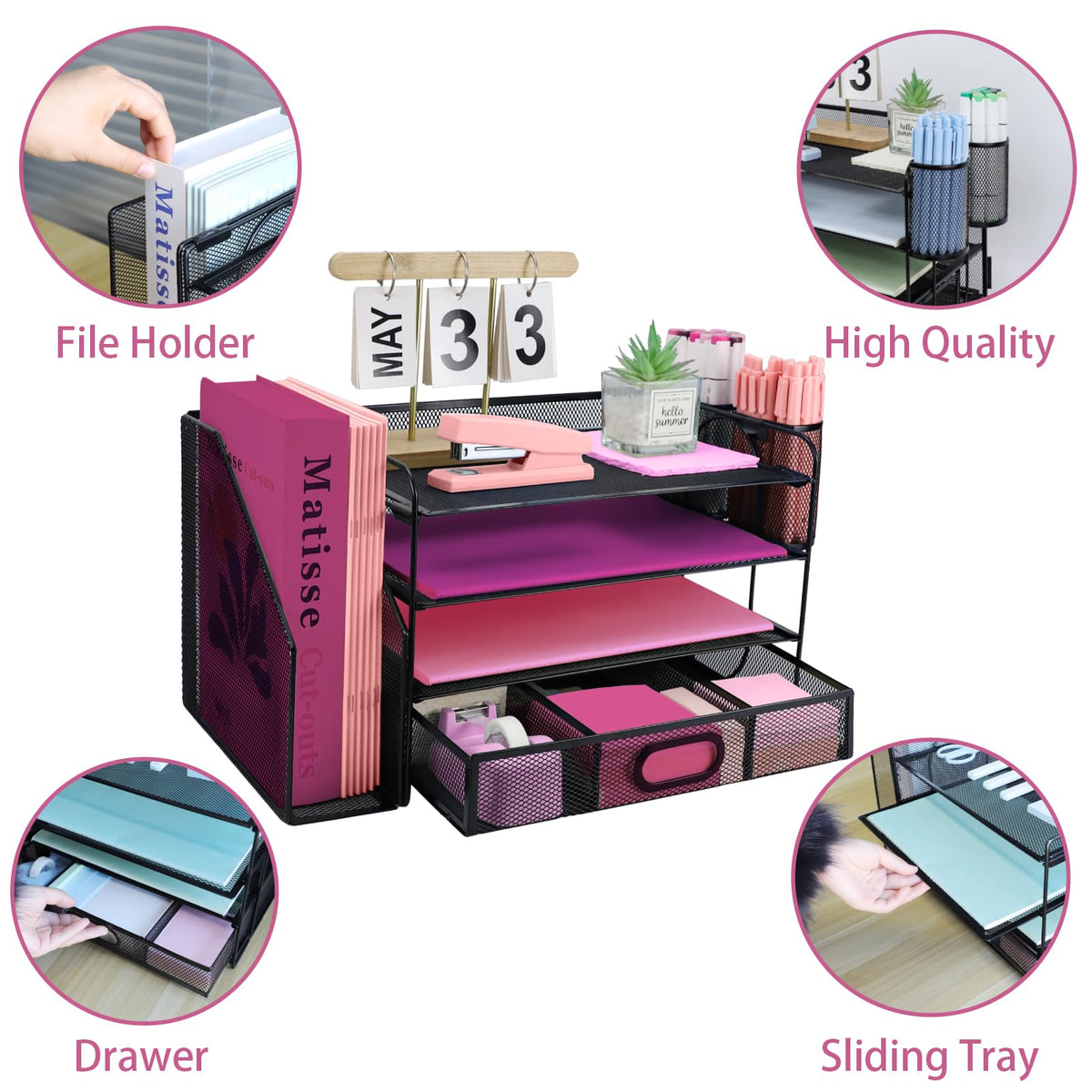 ideallife Desk Organizers and Accessories with File Holder, 4-Tier Paper Letter Tray Organiser with