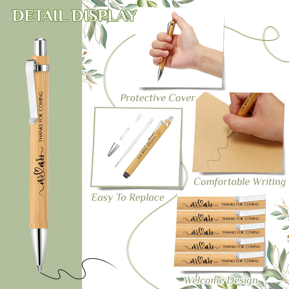 Fumete 100 Pieces Bamboo Wedding Pens Bulk Ballpoint Black Ink Bridal Shower Pens for Wedding