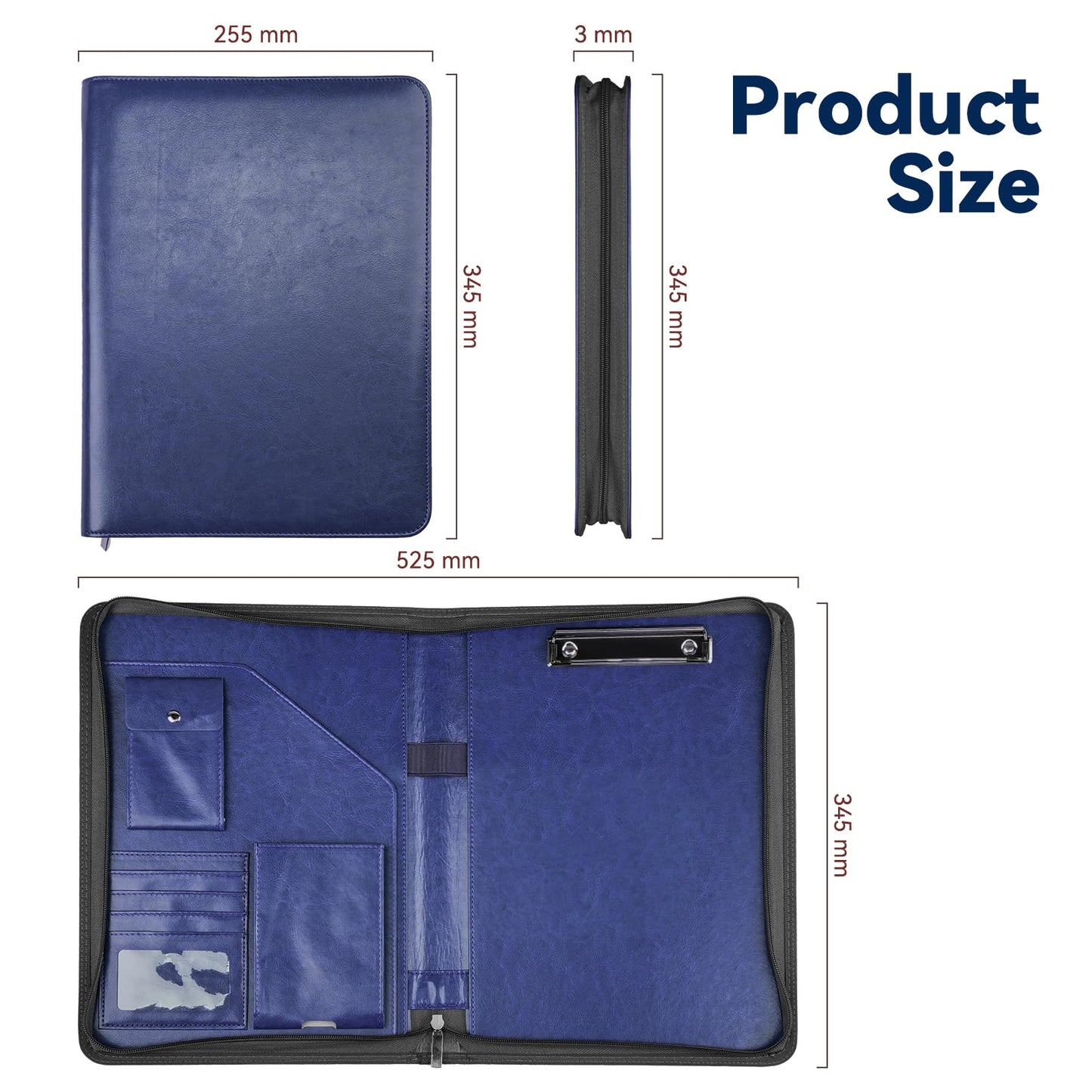 WRIYES Zippered Padfolio Organizer, Blue, 10.2 Inch Portfolio Folder