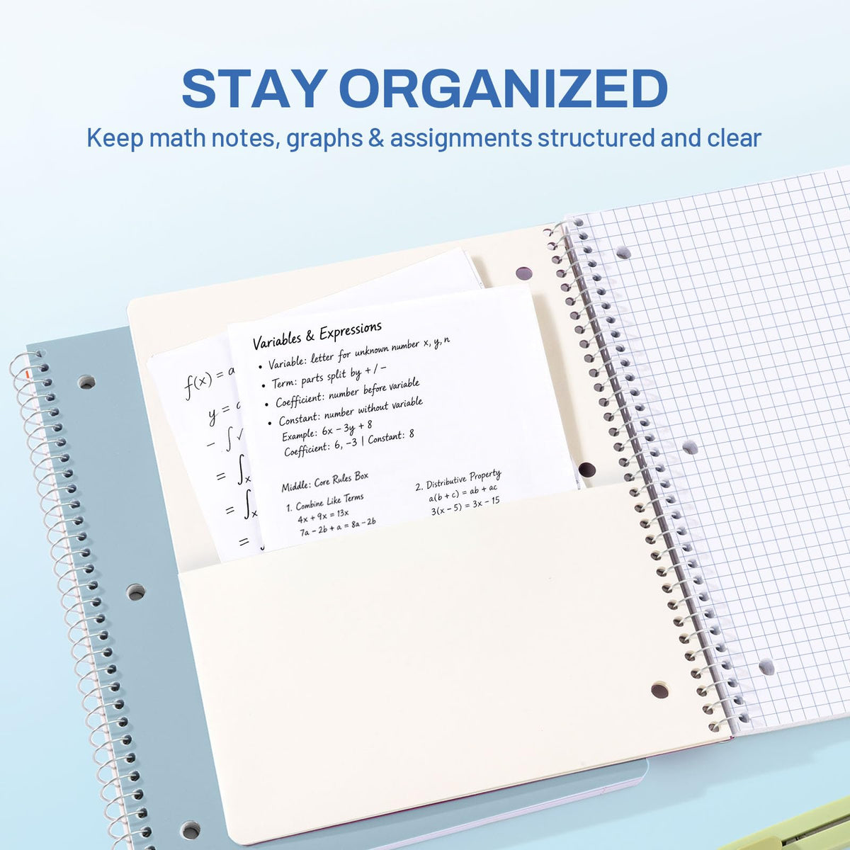 SUNEE Spiral Notebook, 1-Subject, Graph Ruled Paper, 8" x 10-1/2", 100 Sheets per Notebook, 3-Hole