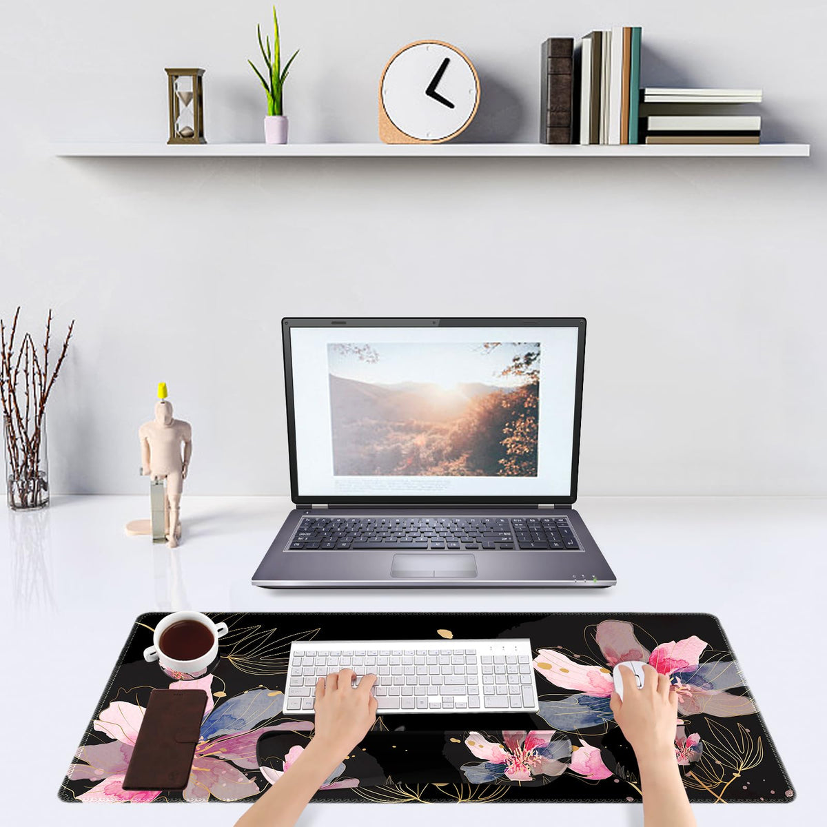 DINKY Desk Mat Black Flower, Large Gaming Mouse Pad with Wrist Rest, 4in1 XXL Mousepad+Keyboard